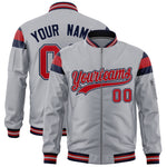 Custom Silver Navy-Red Varsity Full-Zip Shoulder Color Block Letterman Bomber Jacket | BuyFootballJersey