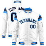 Custom White Powder Blue-Navy Varsity Full-Zip Shoulder Color Block Letterman Bomber Jacket | BuyFootballJersey
