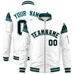 Custom White Aqua-Black Varsity Full-Zip Shoulder Color Block Letterman Bomber Jacket | BuyFootballJersey