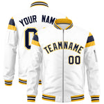 Custom White Gold-Navy Varsity Full-Zip Shoulder Color Block Letterman Bomber Jacket | BuyFootballJersey