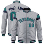 Custom Silver Navy-Aqua Varsity Full-Zip Shoulder Color Block Letterman Bomber Jacket | BuyFootballJersey