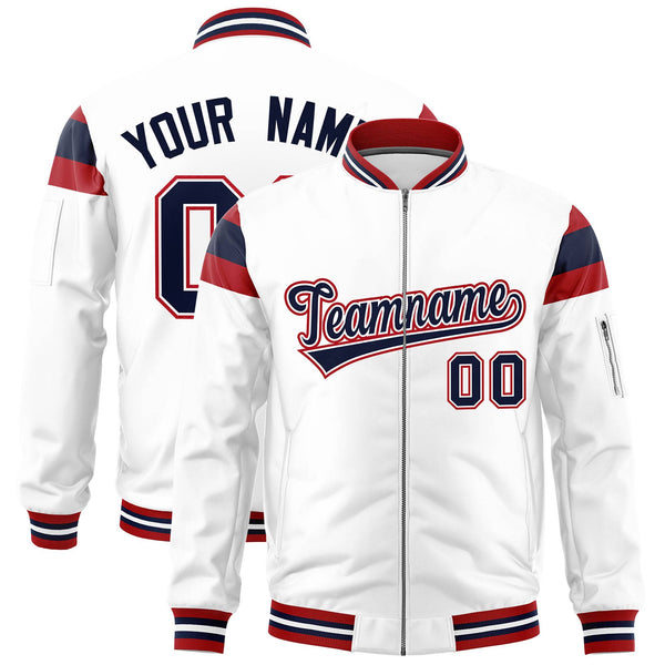 Custom White Red-Navy Varsity Full-Zip Shoulder Color Block Letterman Bomber Jacket | BuyFootballJersey
