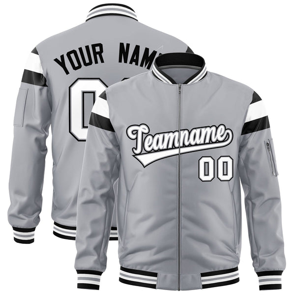 Custom Silver Black-White Varsity Full-Zip Shoulder Color Block Letterman Bomber Jacket | BuyFootballJersey