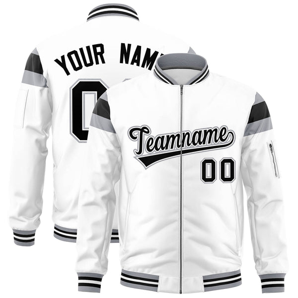 Custom White Silver-Black Varsity Full-Zip Shoulder Color Block Letterman Bomber Jacket | BuyFootballJersey