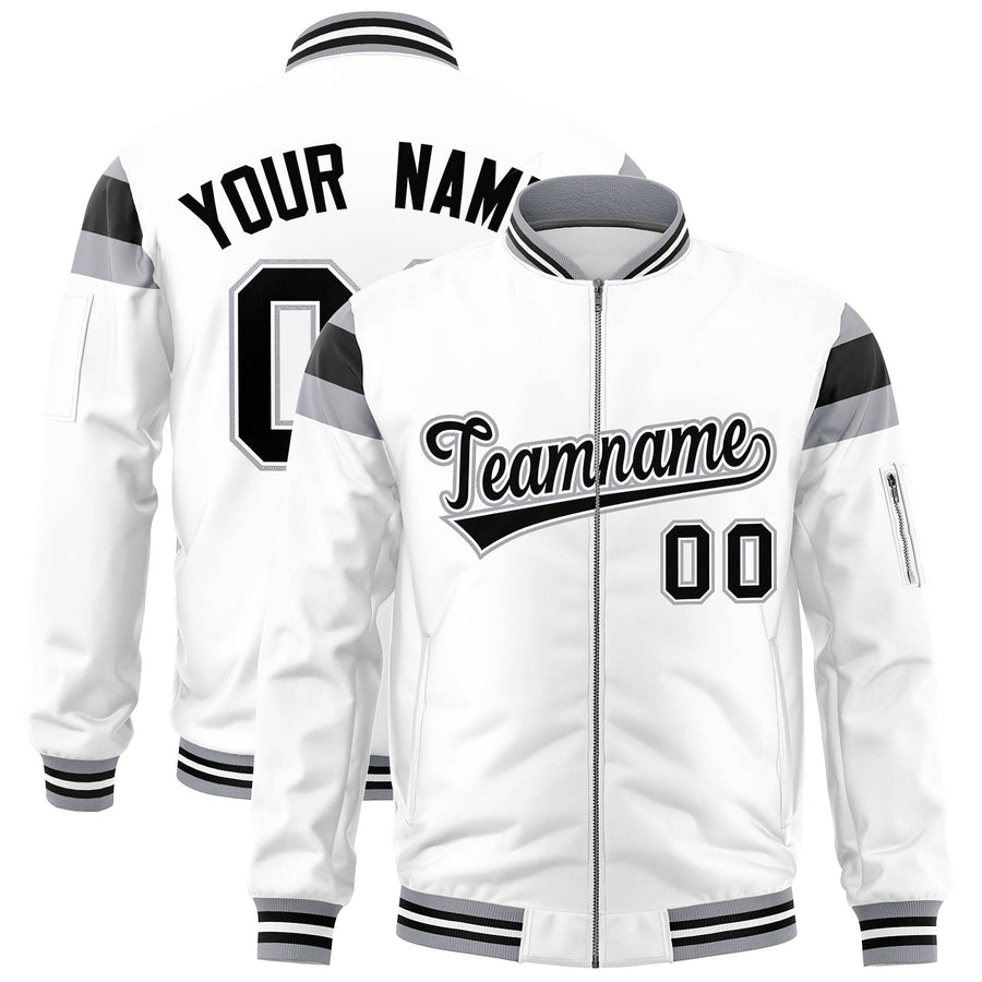Custom White Silver-Black Varsity Full-Zip Shoulder Color Block Letterman Bomber Jacket | BuyFootballJersey