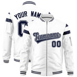 Custom White Navy Varsity Full-Zip Shoulder Color Block Letterman Bomber Jacket | BuyFootballJersey