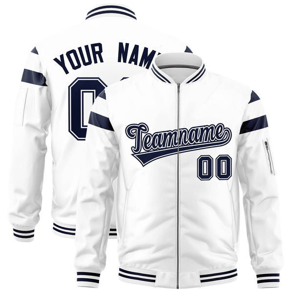 Custom White Navy Varsity Full-Zip Shoulder Color Block Letterman Bomber Jacket | BuyFootballJersey