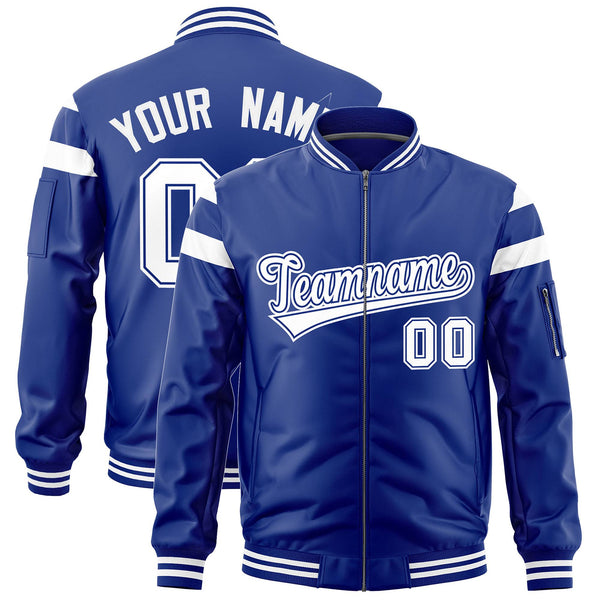Custom Royal White Varsity Full-Zip Shoulder Color Block Letterman Bomber Jacket | BuyFootballJersey