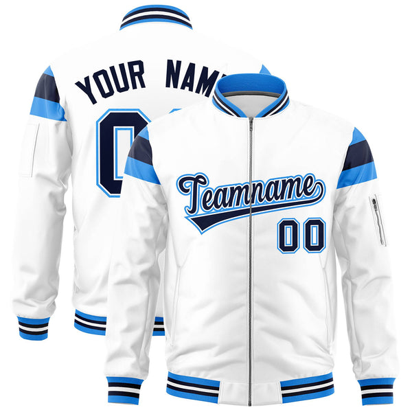 Custom White Powder Blue-Navy Varsity Full-Zip Shoulder Color Block Letterman Bomber Jacket | BuyFootballJersey
