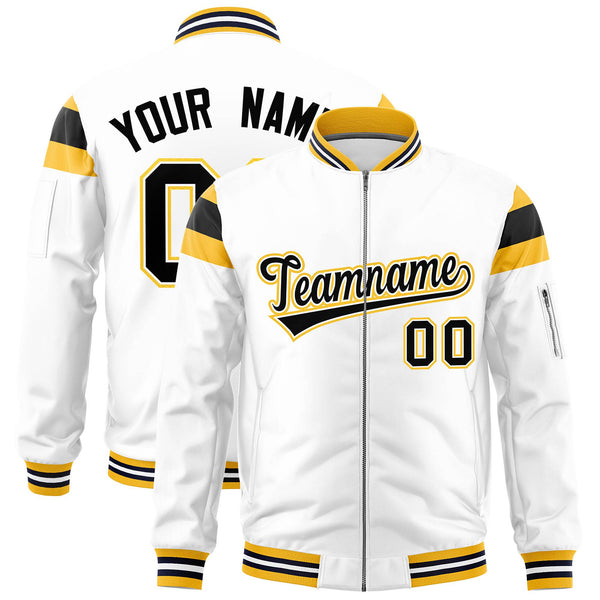Custom White Gold-Black Varsity Full-Zip Shoulder Color Block Letterman Bomber Jacket | BuyFootballJersey