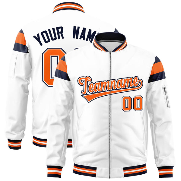 Custom White Navy-Orange Varsity Full-Zip Shoulder Color Block Letterman Bomber Jacket | BuyFootballJersey