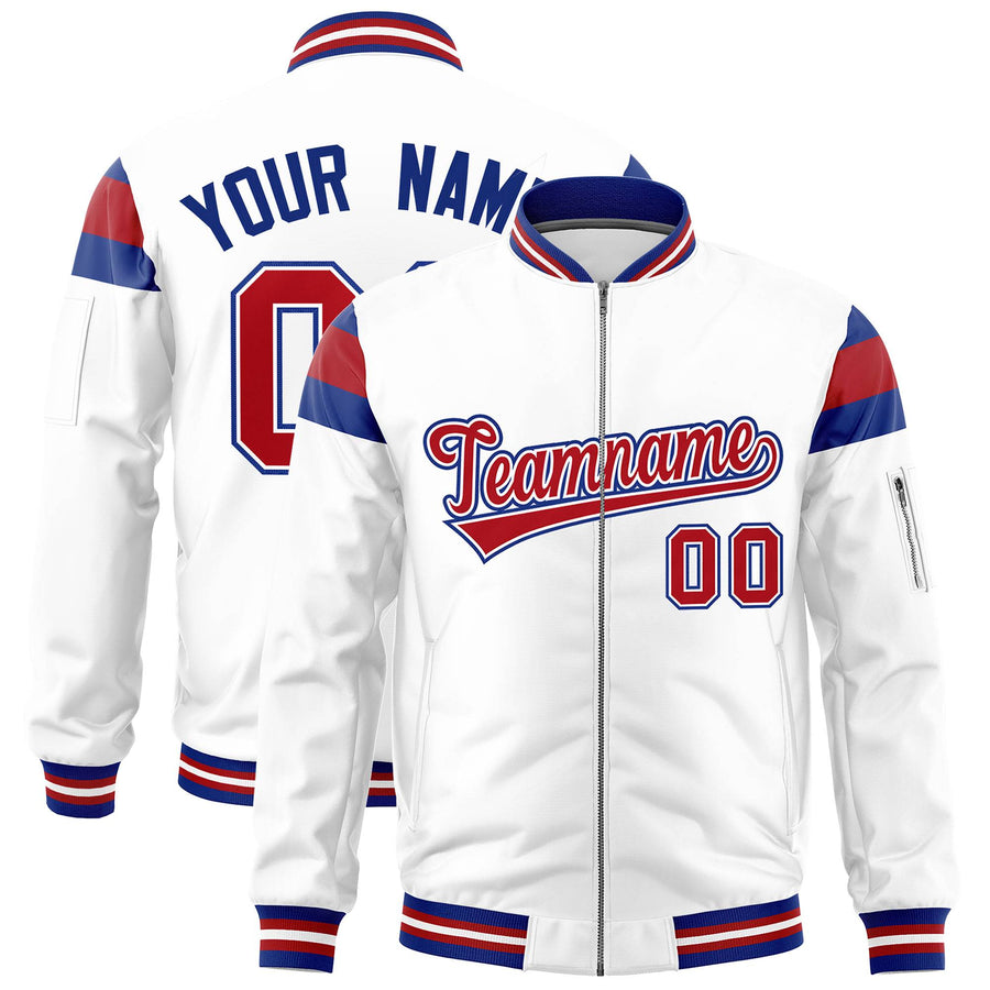 Custom White Royal-Red Varsity Full-Zip Shoulder Color Block Letterman Bomber Jacket | BuyFootballJersey