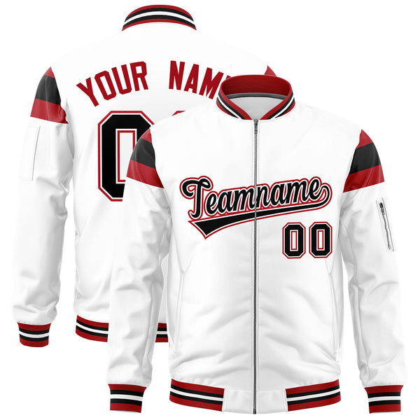 Custom White Red-Black Varsity Full-Zip Shoulder Color Block Letterman Bomber Jacket | BuyFootballJersey