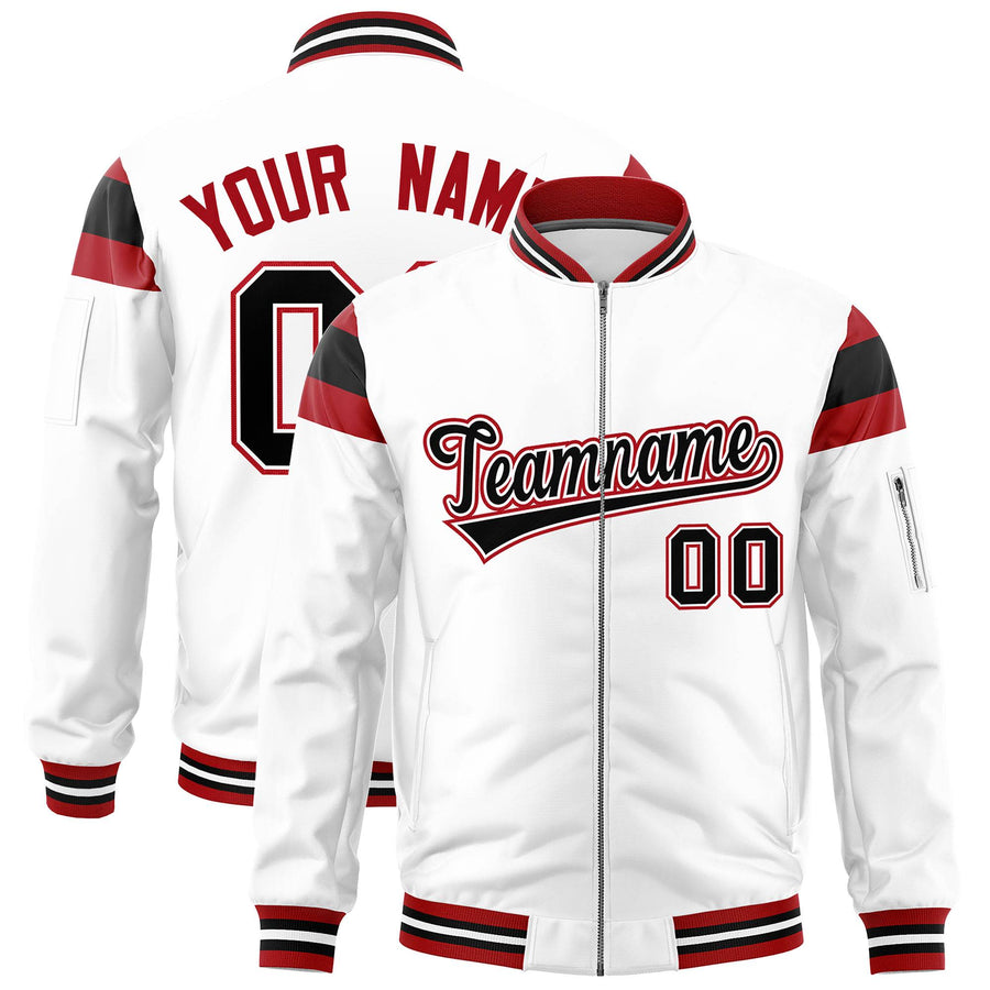 Custom White Red-Black Varsity Full-Zip Shoulder Color Block Letterman Bomber Jacket | BuyFootballJersey