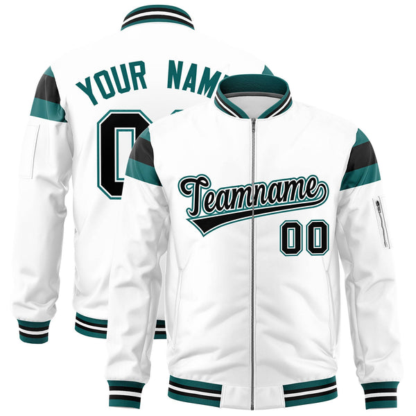 Custom White Aqua-Black Varsity Full-Zip Shoulder Color Block Letterman Bomber Jacket | BuyFootballJersey