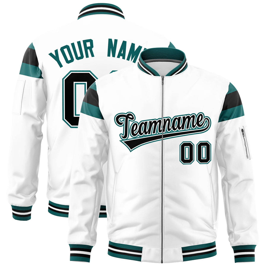 Custom White Aqua-Black Varsity Full-Zip Shoulder Color Block Letterman Bomber Jacket | BuyFootballJersey