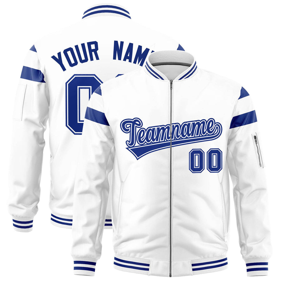Custom White Royal Varsity Full-Zip Shoulder Color Block Letterman Bomber Jacket | BuyFootballJersey