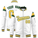 Custom White Green-Gold Varsity Full-Zip Shoulder Color Block Letterman Bomber Jacket | BuyFootballJersey