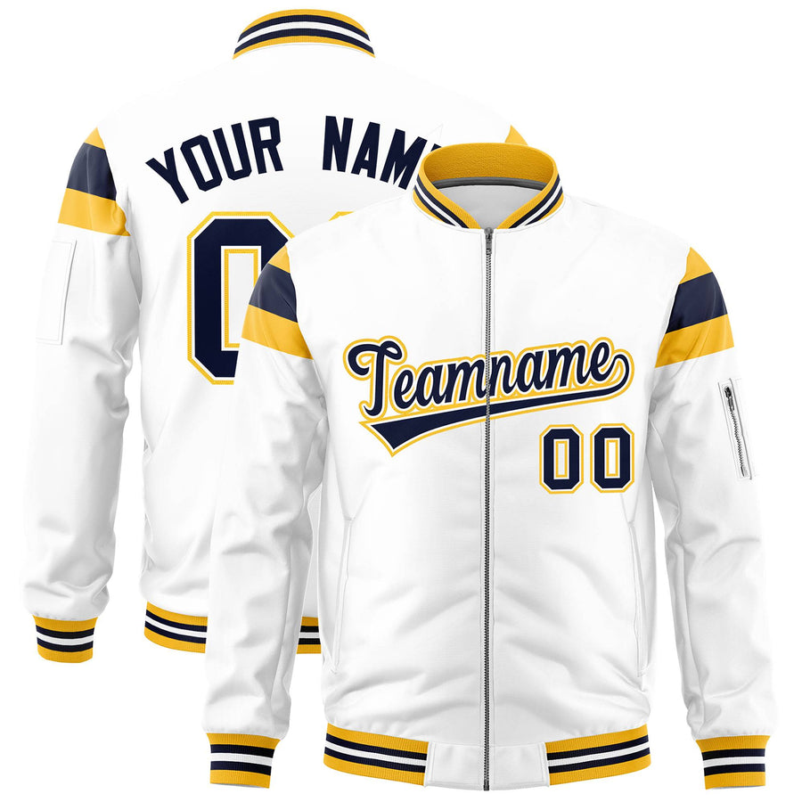 Custom White Gold-Navy Varsity Full-Zip Shoulder Color Block Letterman Bomber Jacket | BuyFootballJersey