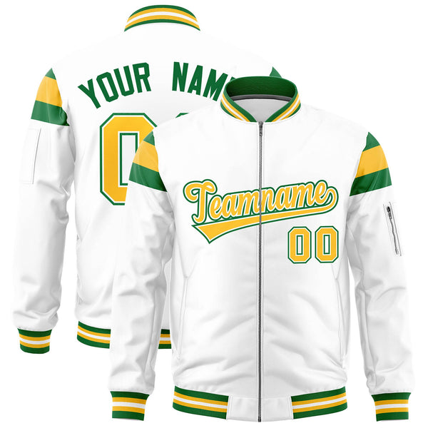 Custom White Kelly Green-Gold Varsity Full-Zip Shoulder Color Block Letterman Bomber Jacket | BuyFootballJersey