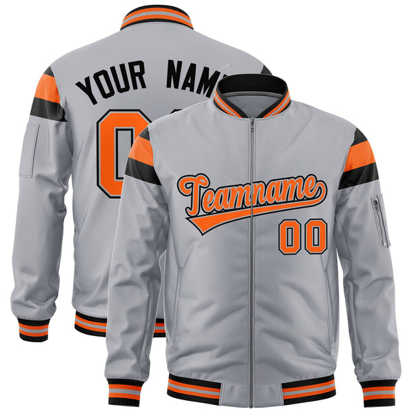 Custom Silver Black-Orange Varsity Full-Zip Shoulder Color Block Letterman Bomber Jacket | BuyFootballJersey