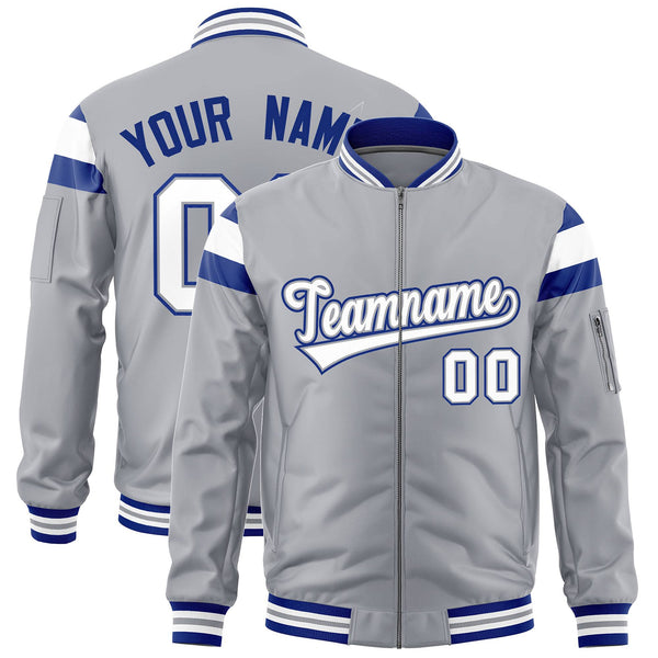 Custom Silver Royal-White Varsity Full-Zip Shoulder Color Block Letterman Bomber Jacket | BuyFootballJersey