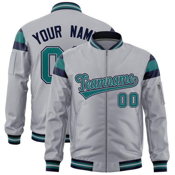 Custom Silver Navy-Aqua Varsity Full-Zip Shoulder Color Block Letterman Bomber Jacket | BuyFootballJersey