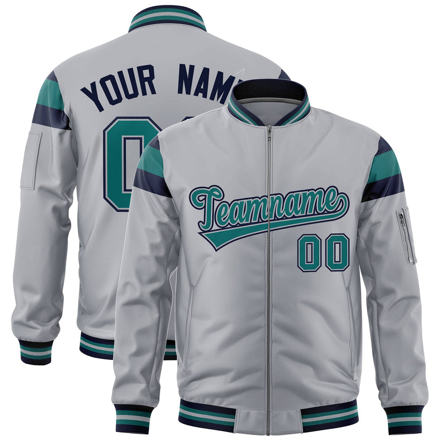 Custom Silver Navy-Aqua Varsity Full-Zip Shoulder Color Block Letterman Bomber Jacket | BuyFootballJersey