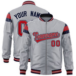 Custom Silver Navy-Red Varsity Full-Zip Shoulder Color Block Letterman Bomber Jacket | BuyFootballJersey