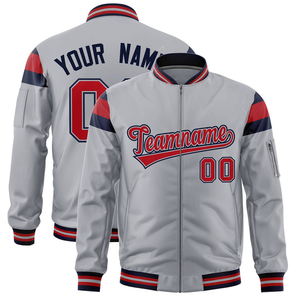 Custom Silver Navy-Red Varsity Full-Zip Shoulder Color Block Letterman Bomber Jacket | BuyFootballJersey