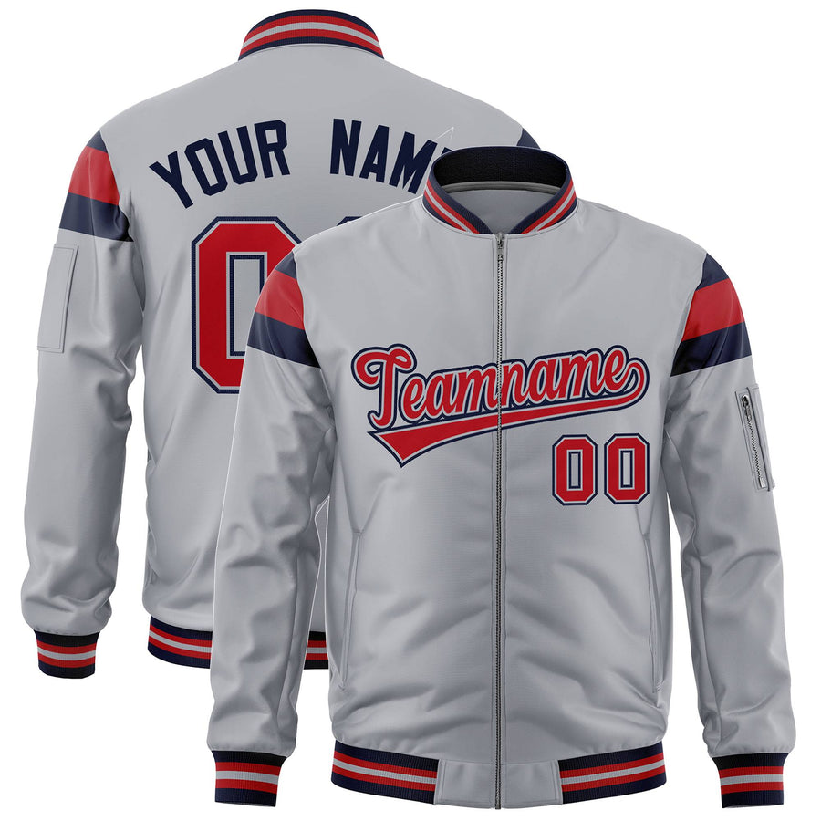 Custom Silver Navy-Red Varsity Full-Zip Shoulder Color Block Letterman Bomber Jacket | BuyFootballJersey