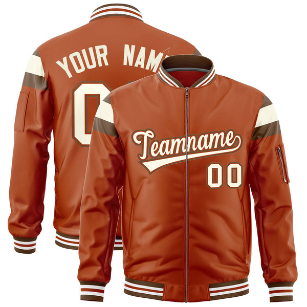 Custom Texas Orange Light Brown-Cream Varsity Full-Zip Shoulder Color Block Letterman Bomber Jacket | BuyFootballJersey