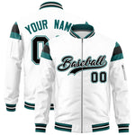 Custom White Aqua-Black Varsity Full-Zip Shoulder Color Block Letterman Bomber Jacket | BuyFootballJersey