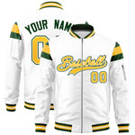 Custom White Green-Gold Varsity Full-Zip Shoulder Color Block Letterman Bomber Jacket | BuyFootballJersey