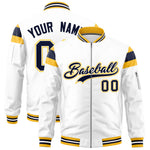 Custom White Gold-Navy Varsity Full-Zip Shoulder Color Block Letterman Bomber Jacket | BuyFootballJersey