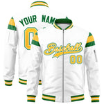 Custom White Kelly Green-Gold Varsity Full-Zip Shoulder Color Block Letterman Bomber Jacket | BuyFootballJersey