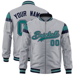 Custom Silver Navy-Aqua Varsity Full-Zip Shoulder Color Block Letterman Bomber Jacket | BuyFootballJersey