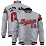 Custom Silver Navy-Red Varsity Full-Zip Shoulder Color Block Letterman Bomber Jacket | BuyFootballJersey