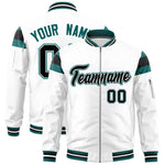 Custom White Aqua-Black Varsity Full-Zip Shoulder Color Block Letterman Bomber Jacket | BuyFootballJersey