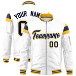 Custom White Gold-Navy Varsity Full-Zip Shoulder Color Block Letterman Bomber Jacket | BuyFootballJersey