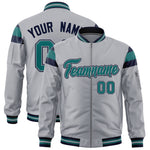 Custom Silver Navy-Aqua Varsity Full-Zip Shoulder Color Block Letterman Bomber Jacket | BuyFootballJersey