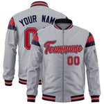 Custom Silver Navy-Red Varsity Full-Zip Shoulder Color Block Letterman Bomber Jacket | BuyFootballJersey
