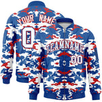 Custom Royal Red-White Varsity Full-Zip Camo Letterman Bomber Jacket | BuyFootballJersey