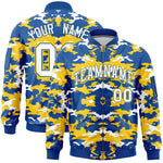 Custom Royal Yellow-White Varsity Full-Zip Camo Letterman Bomber Jacket | BuyFootballJersey