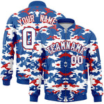Custom Royal Red-White Varsity Full-Zip Camo Letterman Bomber Jacket | BuyFootballJersey