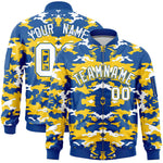 Custom Royal Yellow-White Varsity Full-Zip Camo Letterman Bomber Jacket | BuyFootballJersey