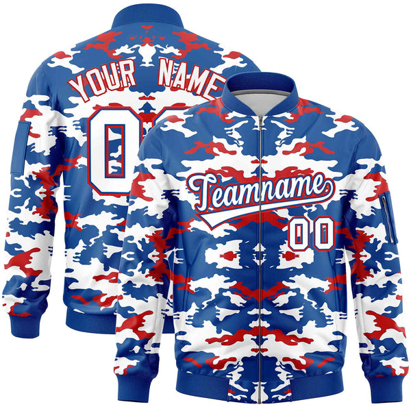 Custom Royal Red-White Varsity Full-Zip Camo Letterman Bomber Jacket | BuyFootballJersey