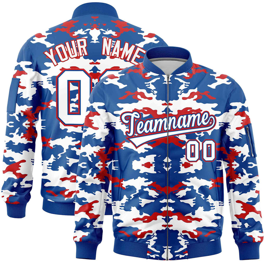 Custom Royal Red-White Varsity Full-Zip Camo Letterman Bomber Jacket | BuyFootballJersey