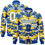 Custom Royal Yellow-White Varsity Full-Zip Camo Letterman Bomber Jacket | BuyFootballJersey