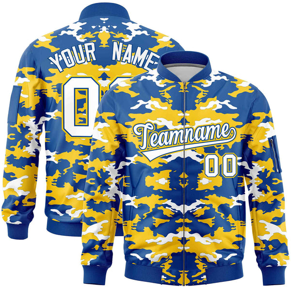 Custom Royal Yellow-White Varsity Full-Zip Camo Letterman Bomber Jacket | BuyFootballJersey